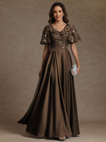 V-Neck Illusion Pleated Satin Floor-Length Mother of the Bride Dresses with Sequins