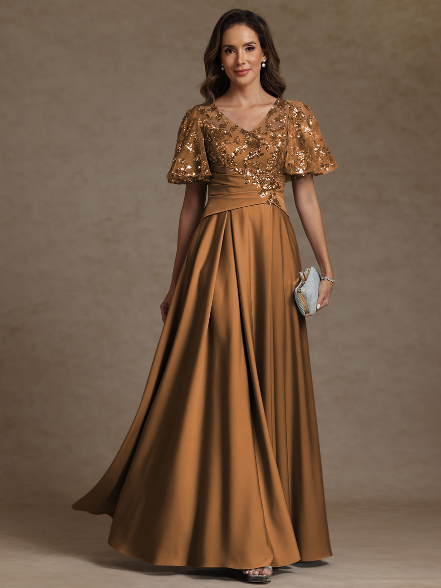 V-Neck Illusion Pleated Satin Floor-Length Mother of the Bride Dresses with Sequins