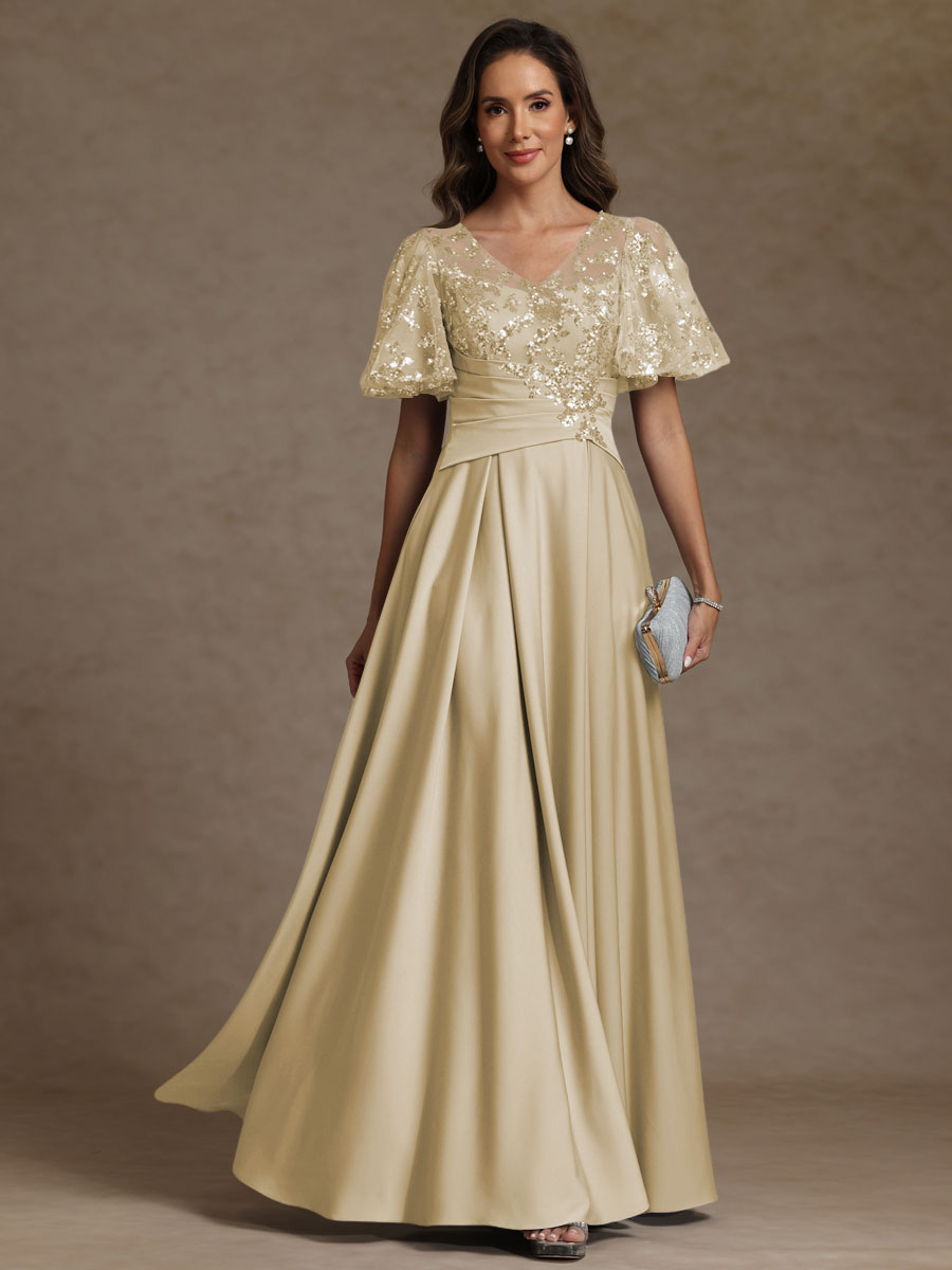 V-Neck Illusion Pleated Satin Floor-Length Mother of the Bride Dresses with Sequins