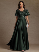 V-Neck Illusion Pleated Satin Floor-Length Mother of the Bride Dresses with Sequins