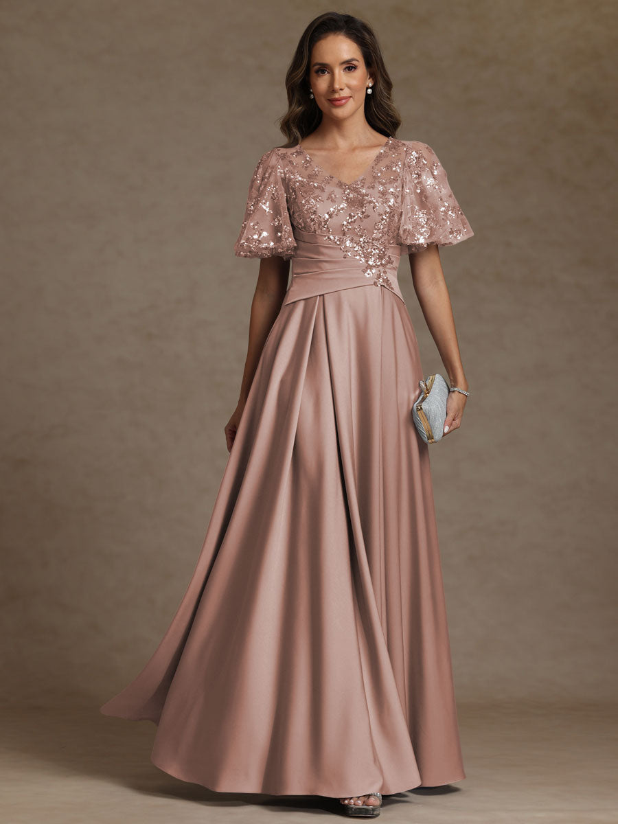 V-Neck Illusion Pleated Satin Floor-Length Mother of the Bride Dresses with Sequins