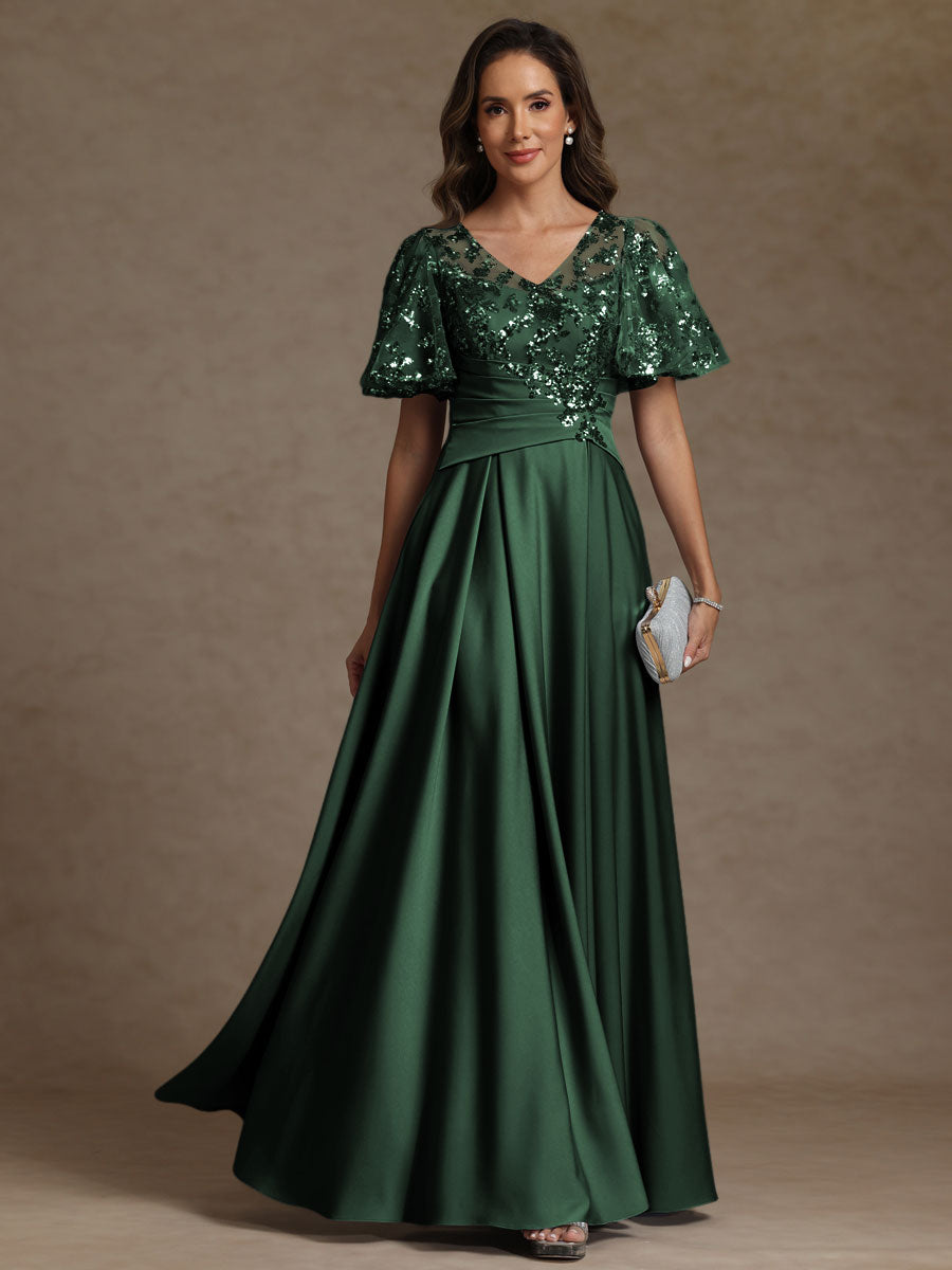 V-Neck Illusion Pleated Satin Floor-Length Mother of the Bride Dresses with Sequins