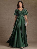V-Neck Illusion Pleated Satin Floor-Length Mother of the Bride Dresses with Sequins