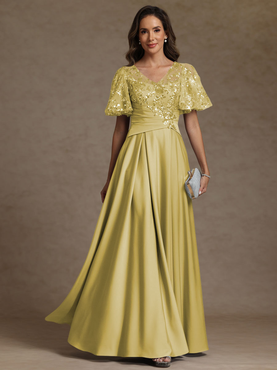 V-Neck Illusion Pleated Satin Floor-Length Mother of the Bride Dresses with Sequins
