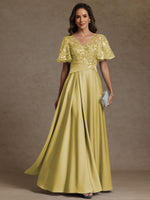 V-Neck Illusion Pleated Satin Floor-Length Mother of the Bride Dresses with Sequins