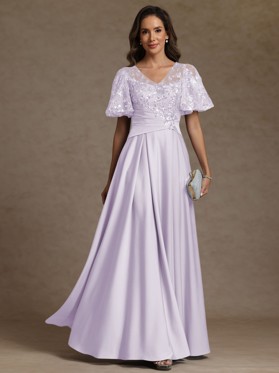 V-Neck Illusion Pleated Satin Floor-Length Mother of the Bride Dresses with Sequins