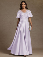 V-Neck Illusion Pleated Satin Floor-Length Mother of the Bride Dresses with Sequins