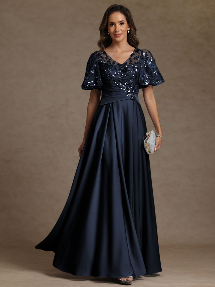 V-Neck Illusion Pleated Satin Floor-Length Mother of the Bride Dresses with Sequins