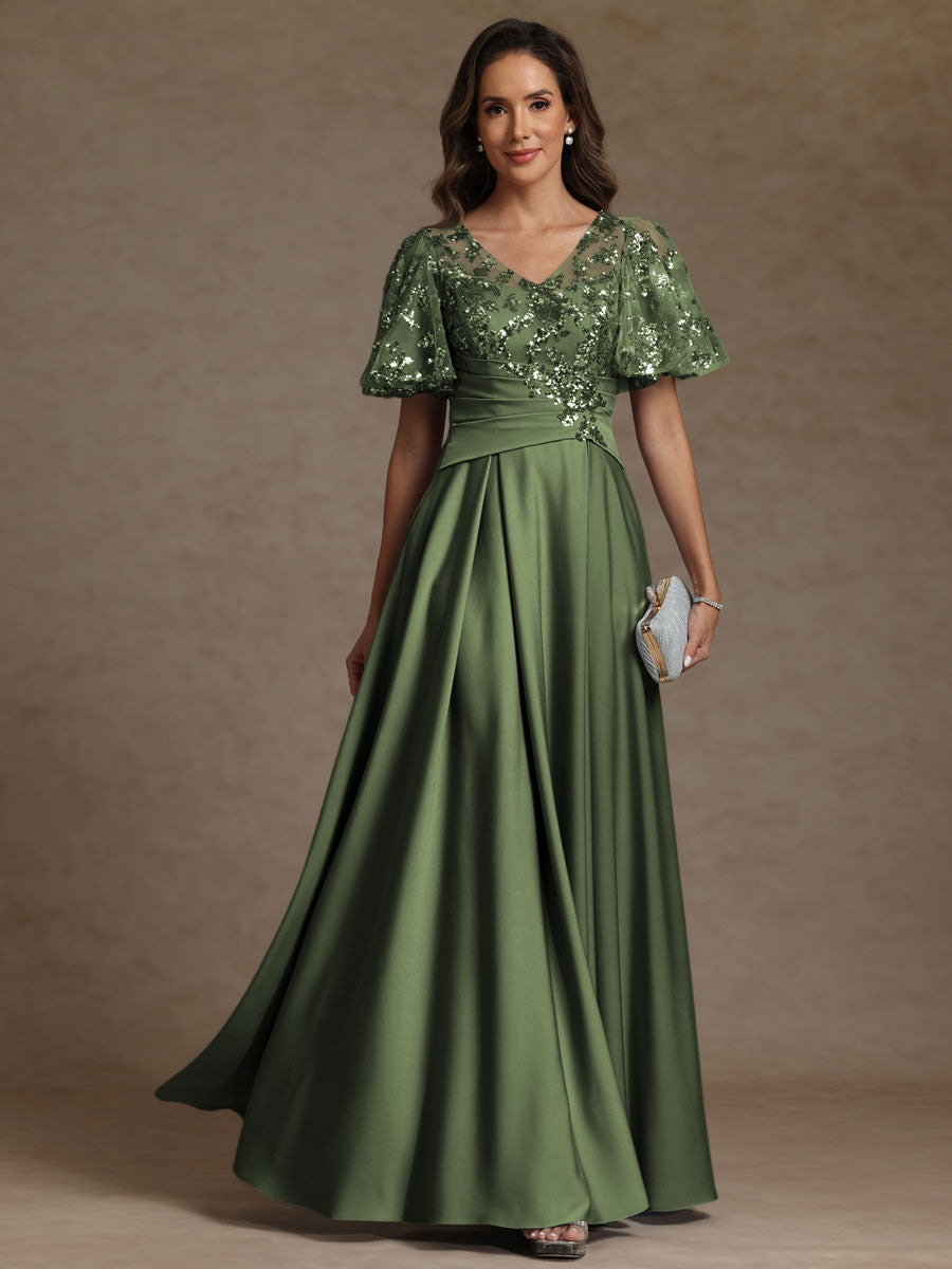 V-Neck Illusion Pleated Satin Floor-Length Mother of the Bride Dresses with Sequins