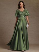 V-Neck Illusion Pleated Satin Floor-Length Mother of the Bride Dresses with Sequins