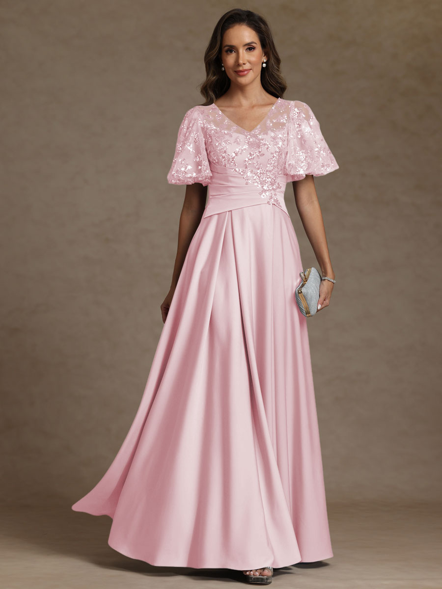 V-Neck Illusion Pleated Satin Floor-Length Mother of the Bride Dresses with Sequins