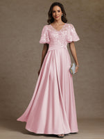 V-Neck Illusion Pleated Satin Floor-Length Mother of the Bride Dresses with Sequins