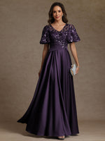 V-Neck Illusion Pleated Satin Floor-Length Mother of the Bride Dresses with Sequins