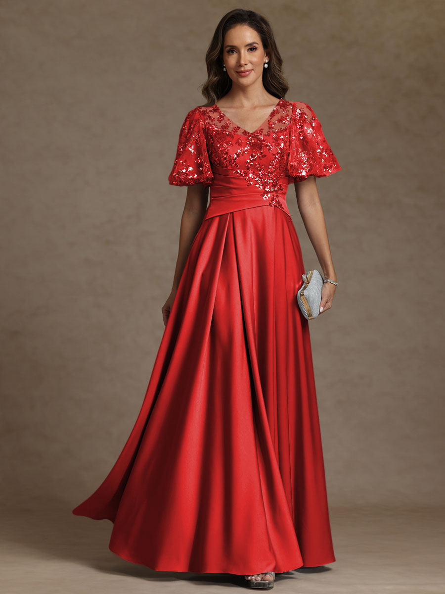 V-Neck Illusion Pleated Satin Floor-Length Mother of the Bride Dresses with Sequins