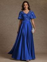 V-Neck Illusion Pleated Satin Floor-Length Mother of the Bride Dresses with Sequins