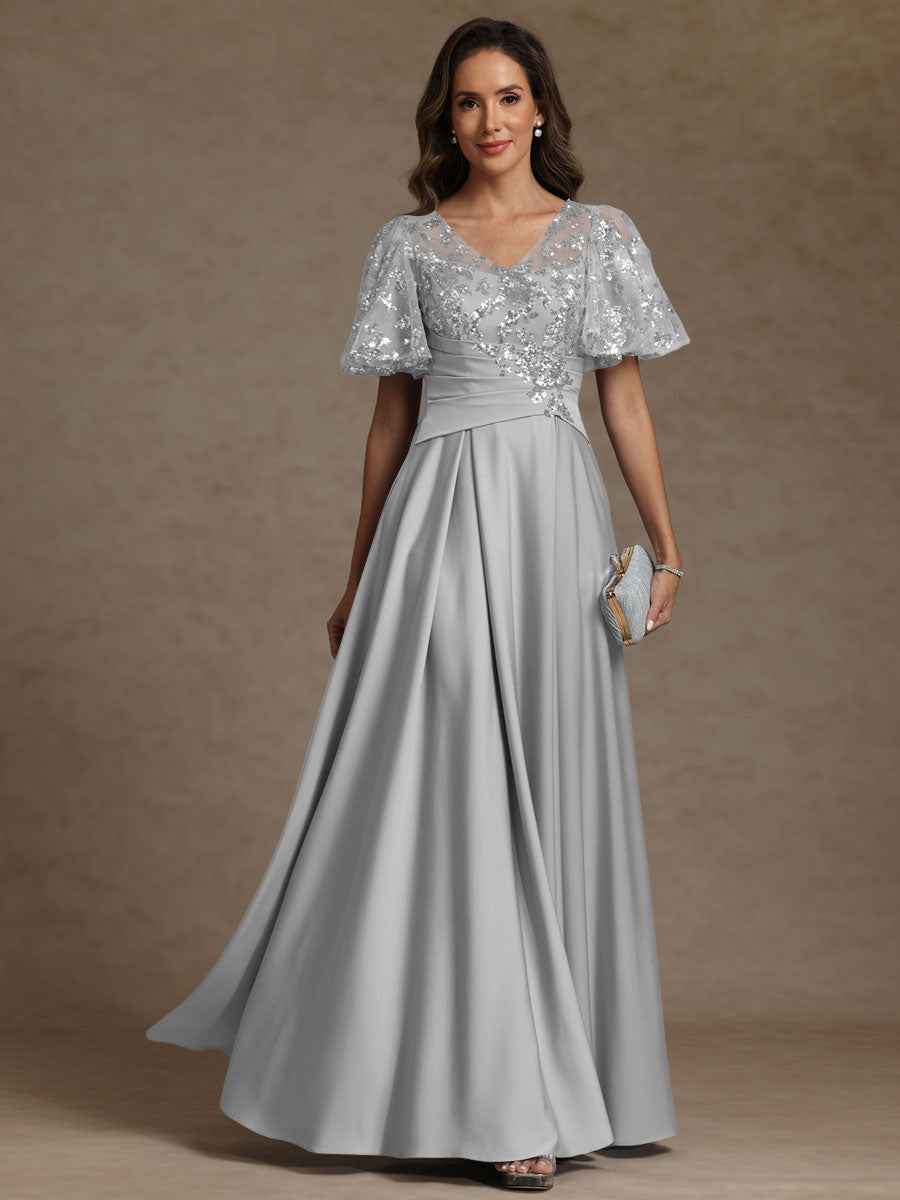 V-Neck Illusion Pleated Satin Floor-Length Mother of the Bride Dresses with Sequins