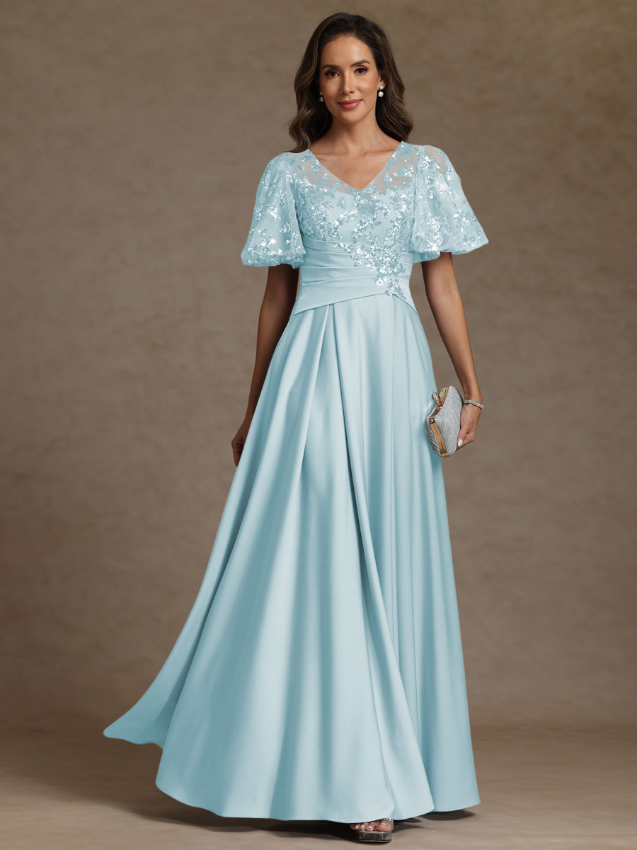 V-Neck Illusion Pleated Satin Floor-Length Mother of the Bride Dresses with Sequins