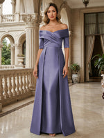 A-Line Off Shoulder Short Sleeve Long Ruched Mother of the Bride Dresses