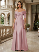A-Line Off Shoulder Short Sleeve Long Ruched Mother of the Bride Dresses