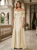 A-Line Off Shoulder Short Sleeve Long Ruched Mother of the Bride Dresses