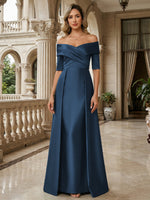 A-Line Off Shoulder Short Sleeve Long Ruched Mother of the Bride Dresses