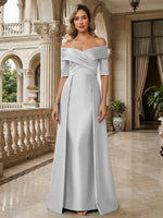 A-Line Off Shoulder Short Sleeve Long Ruched Mother of the Bride Dresses