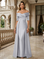 A-Line Off Shoulder Short Sleeve Long Ruched Mother of the Bride Dresses