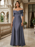 A-Line Off Shoulder Short Sleeve Long Ruched Mother of the Bride Dresses