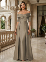 A-Line Off Shoulder Short Sleeve Long Ruched Mother of the Bride Dresses
