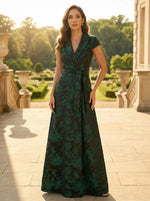 A Line/Princess V Neck Long Jacquard Mother of the Bride Dresses with Bow