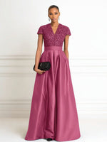 A Line V Neck Short Sleeve Sequined Elegant Mother of the Bride Dresses with Pleats