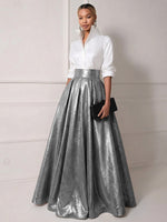 A Line Shirt Collar Half Sleeve Long Elegant Mother of the Bride Dresses with Pleats