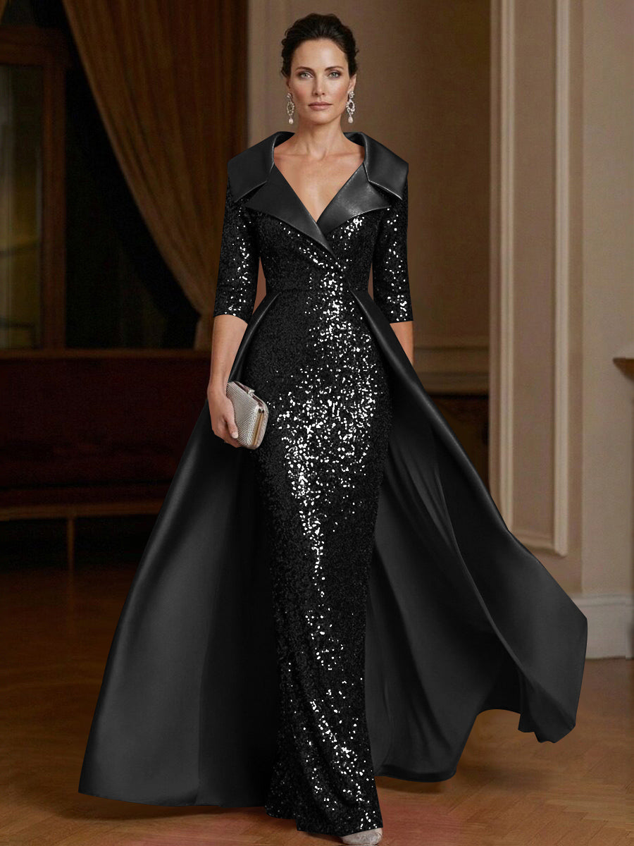 Sheath V Neck 3/4 Sleeve Floor Length Elegant Evening Dresses Women Formal Gowns