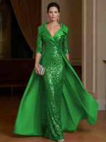 Sheath V Neck 3/4 Sleeve Floor Length Elegant Evening Dresses Women Formal Gowns