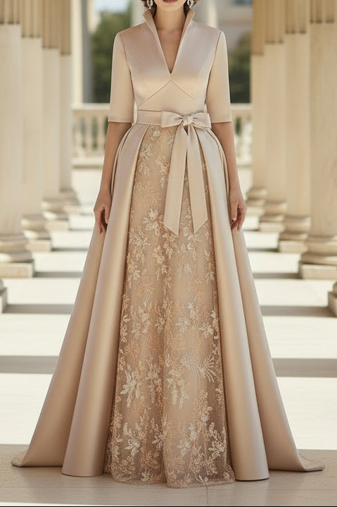 A Line/Princess V Neck Half Sleeve Elegant Evening Dresses with Lace Appliques