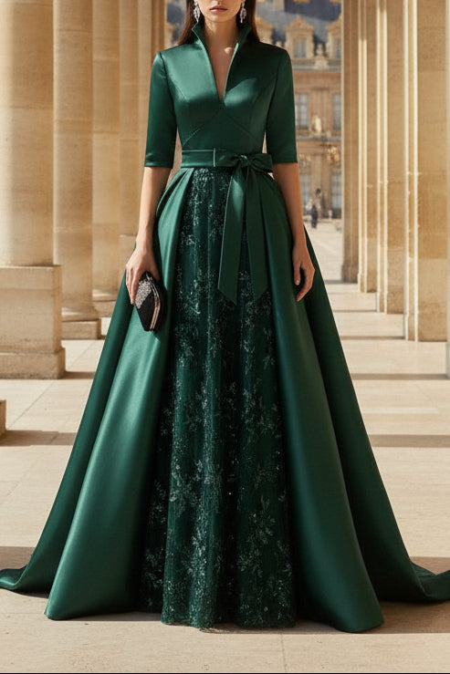 A Line/Princess V Neck Half Sleeve Elegant Evening Dresses with Lace Appliques