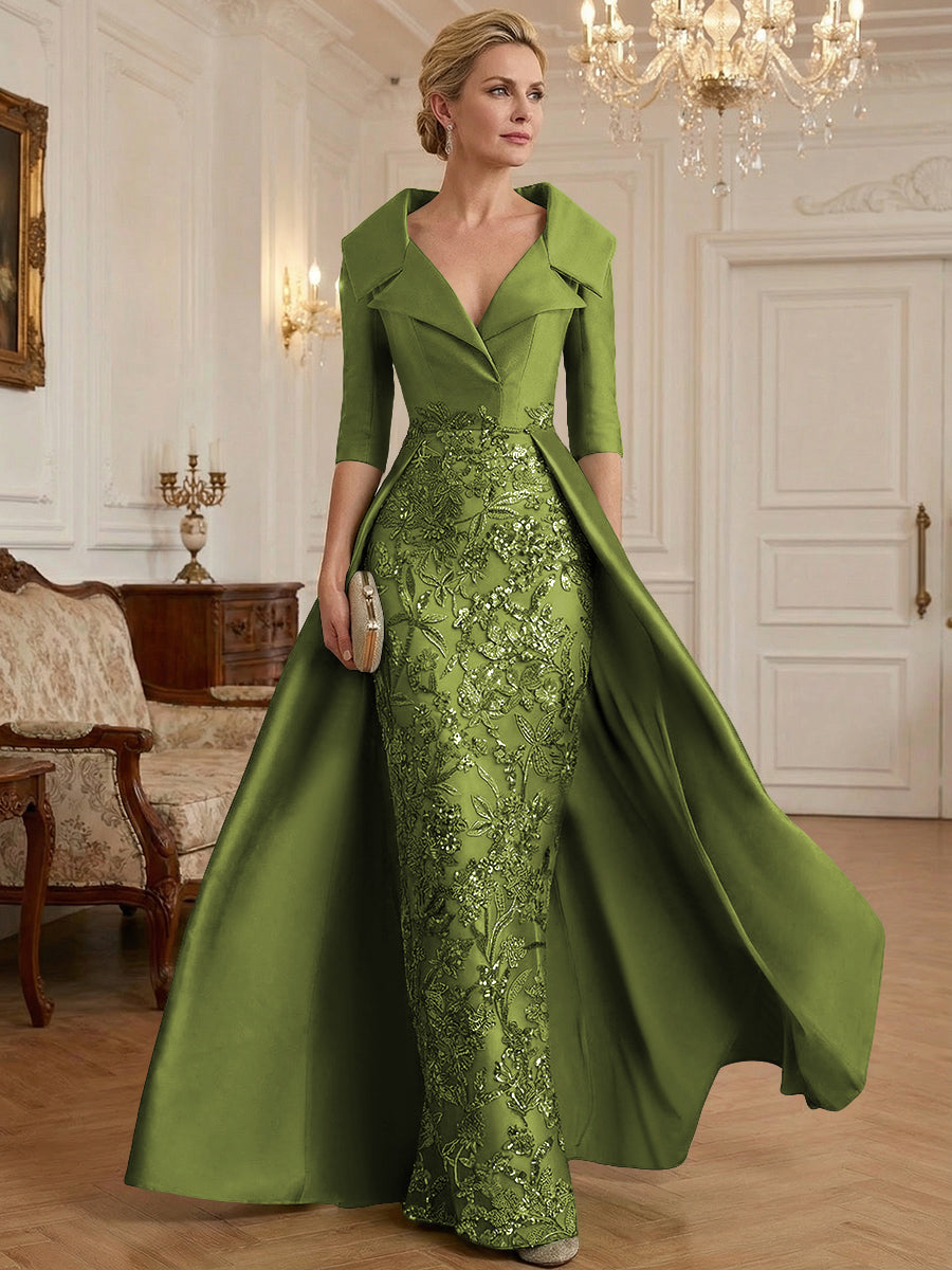 Sheath V Neck 3/4 Sleeve Sequined Mother of the Bride Dresses with Appliques