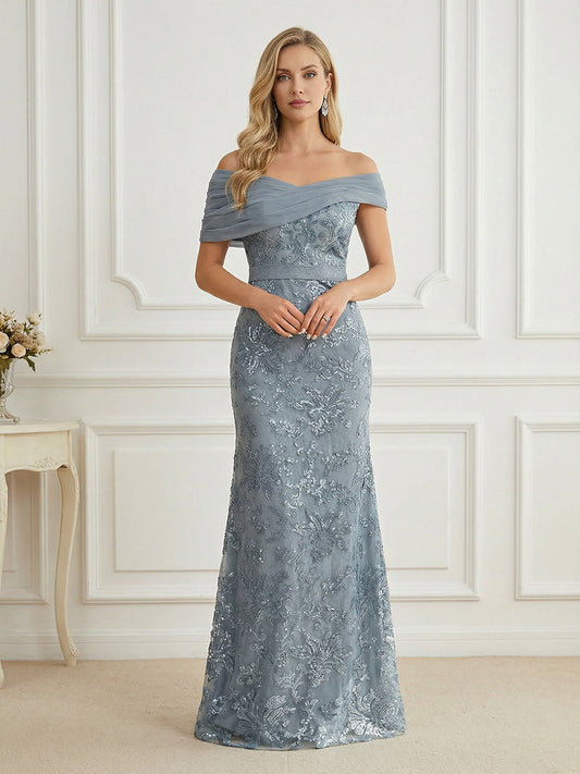 Mermaid Off Shoulder Short Sleeve Long Elegant Mother of the Bride Dresses with Sequin