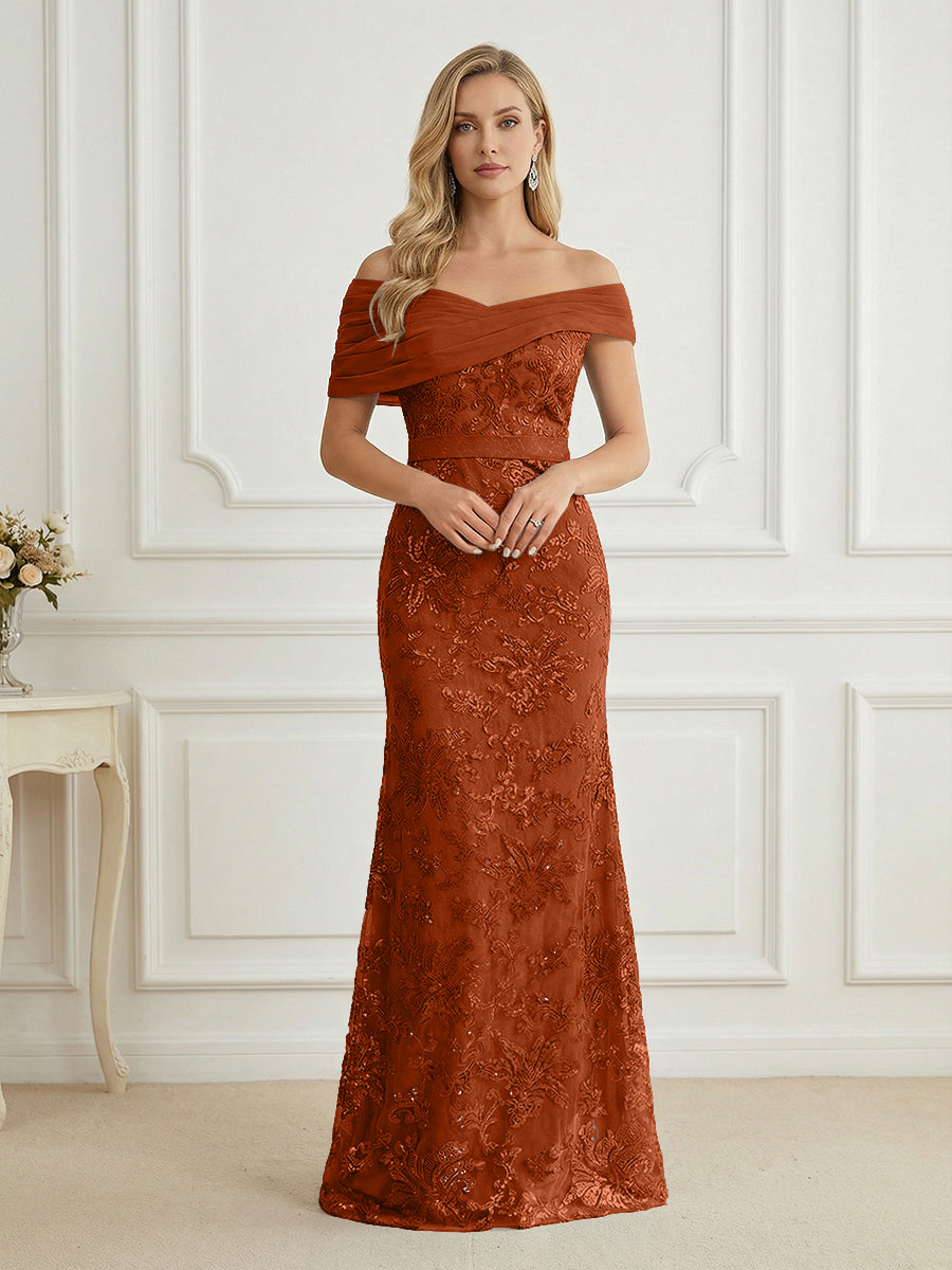 Mermaid Off Shoulder Short Sleeve Long Elegant Mother of the Bride Dresses with Sequin