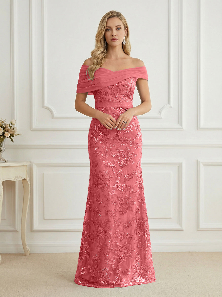 Mermaid Off Shoulder Short Sleeve Long Elegant Mother of the Bride Dresses with Sequin
