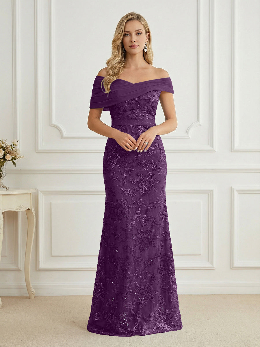 Mermaid Off Shoulder Short Sleeve Long Elegant Mother of the Bride Dresses with Sequin