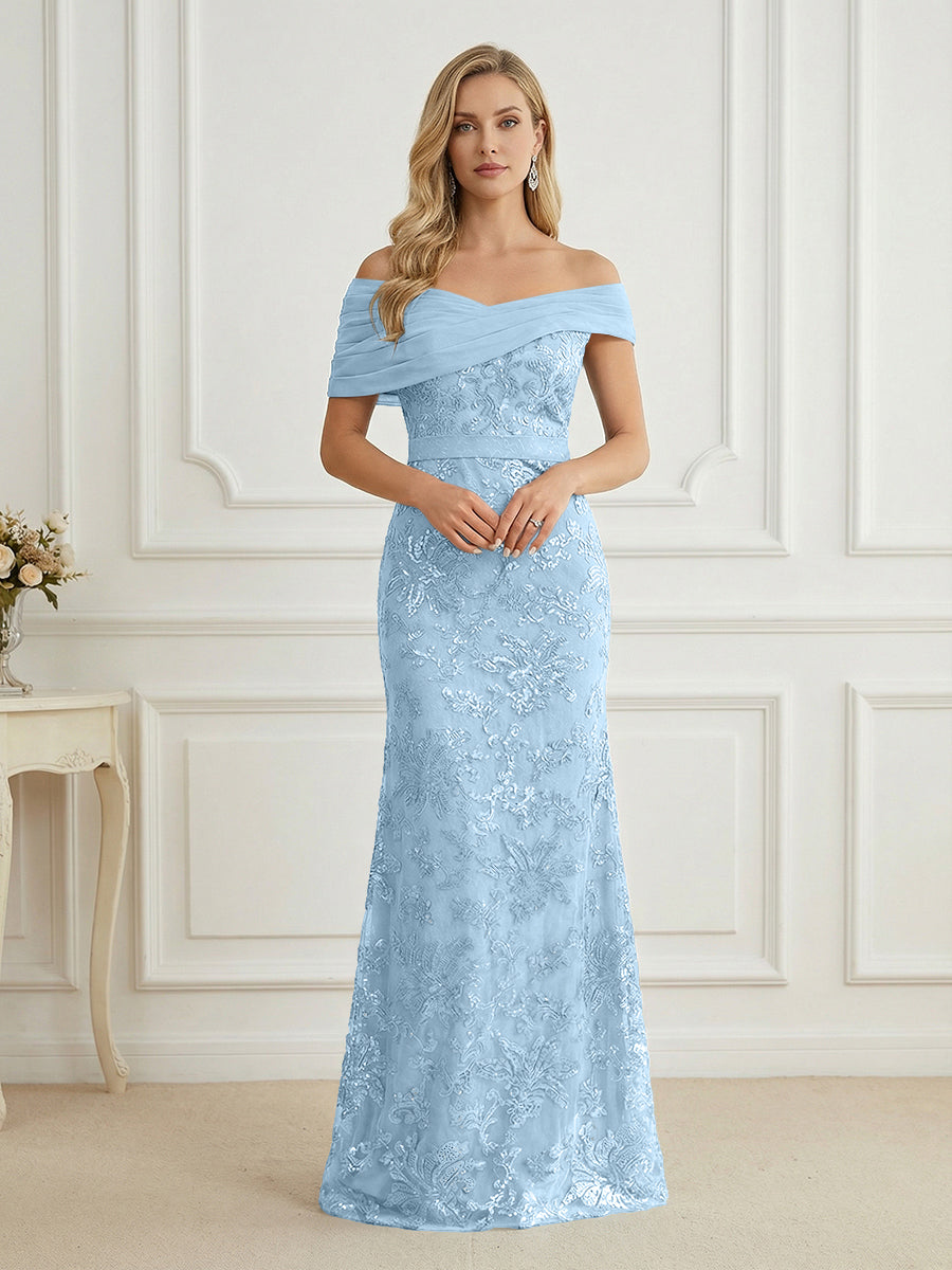 Mermaid Off Shoulder Short Sleeve Long Elegant Mother of the Bride Dresses with Sequin
