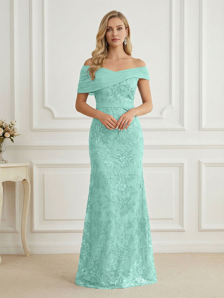 Mermaid Off Shoulder Short Sleeve Long Elegant Mother of the Bride Dresses with Sequin