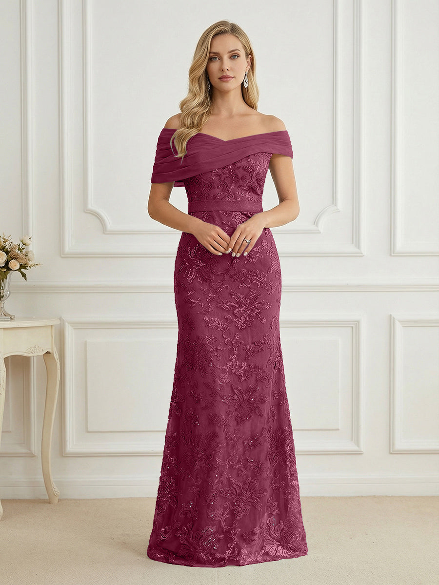 Mermaid Off Shoulder Short Sleeve Long Elegant Mother of the Bride Dresses with Sequin