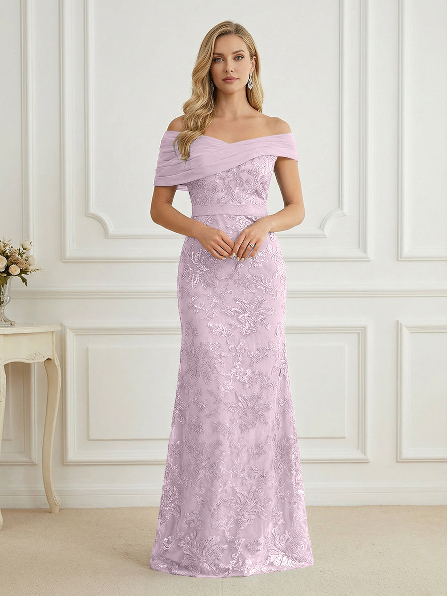 Mermaid Off Shoulder Short Sleeve Long Elegant Mother of the Bride Dresses with Sequin