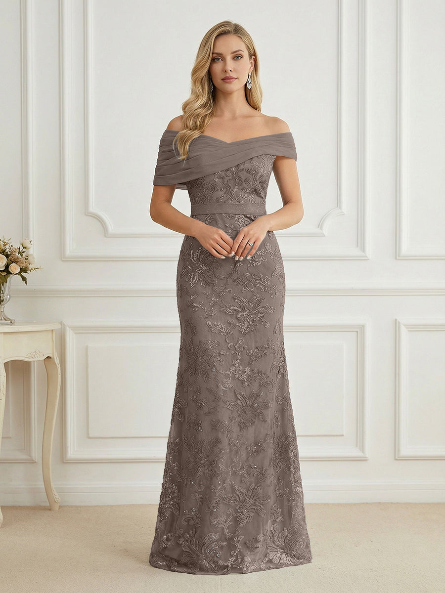 Mermaid Off Shoulder Short Sleeve Long Elegant Mother of the Bride Dresses with Sequin