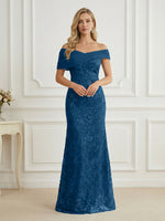 Mermaid Off Shoulder Short Sleeve Long Elegant Mother of the Bride Dresses with Sequin
