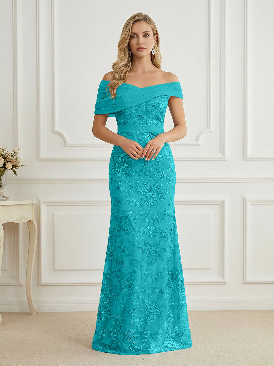 Mermaid Off Shoulder Short Sleeve Long Elegant Mother of the Bride Dresses with Sequin