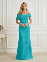 Mermaid Off Shoulder Short Sleeve Long Elegant Mother of the Bride Dresses with Sequin
