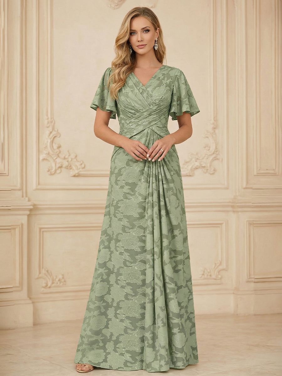 A Line V Neck Short Sleeve Floral Chiffon Ruched Mother of the Bride Dresses
